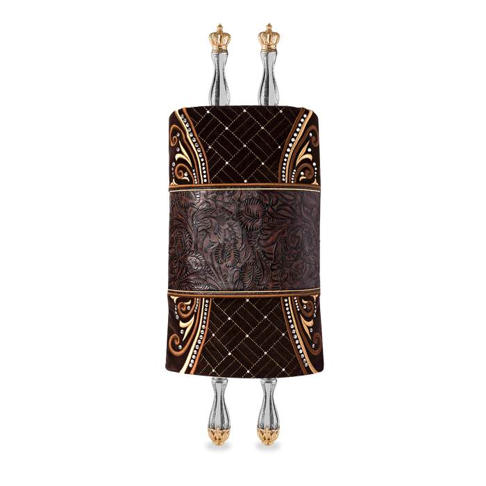 Velvet and Leather Torah Mantle, style 362, Brown — front view with Torah rollers