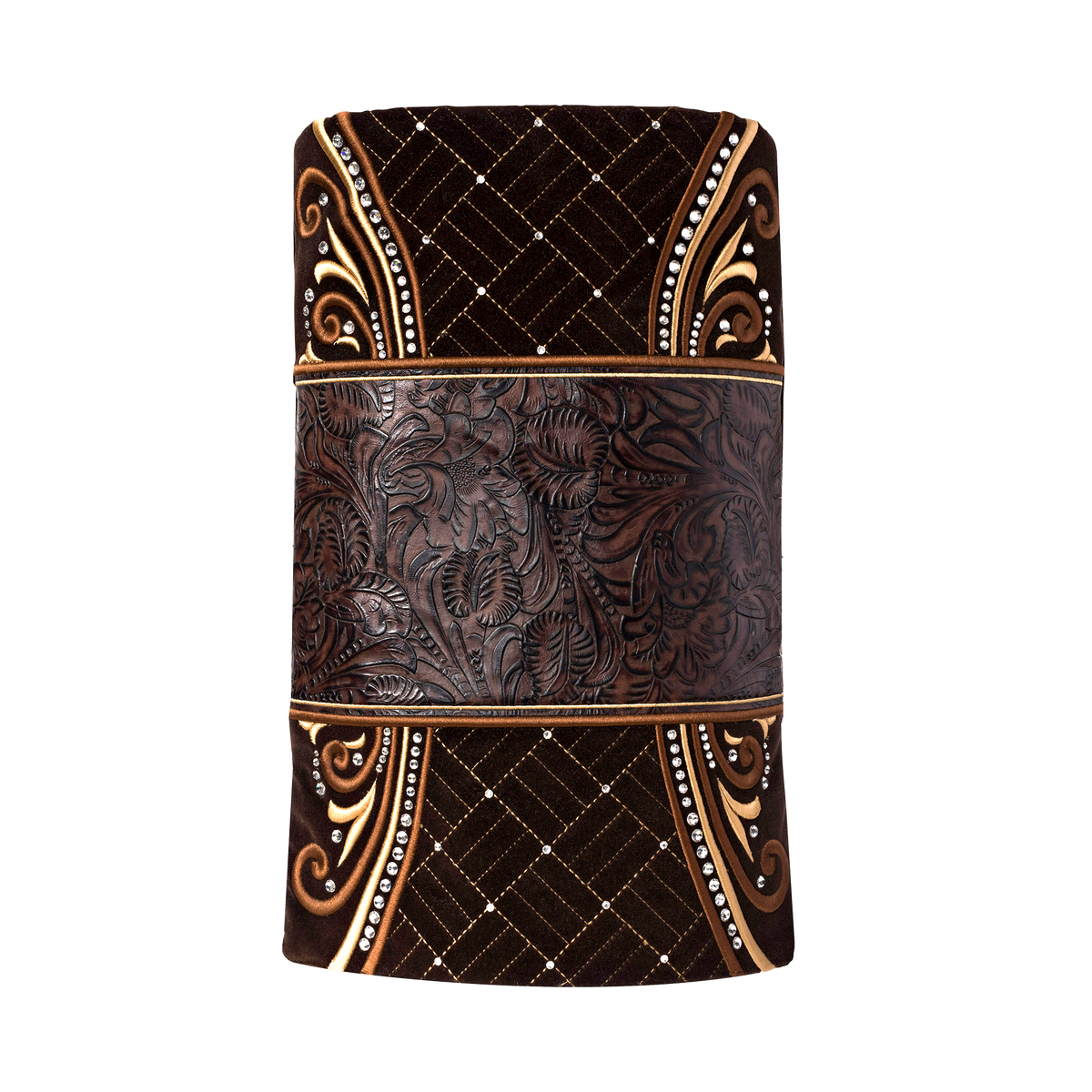 Velvet and Leather Torah Mantle, style 362, Brown — front view