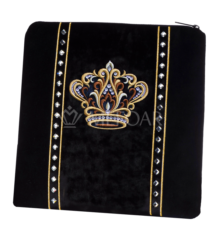 Velvet tallis and tefillin bag set with embroidery and crystal accents, design 348B1