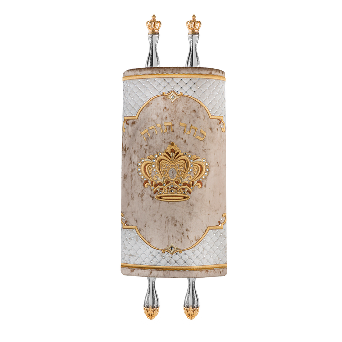 Velvet Torah Mantle 802, Gold — front view with Torah rollers