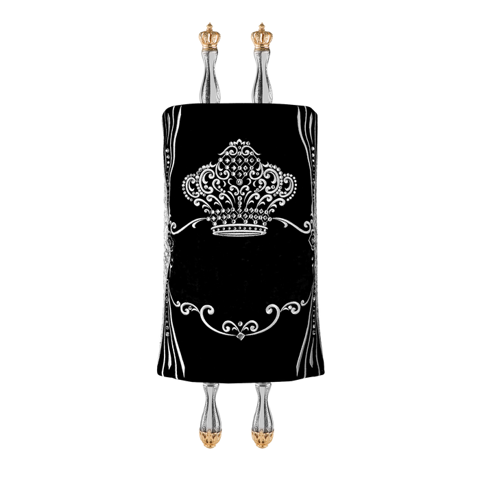 Velvet Torah Mantle, style 1315, Black — front view with Torah rollers