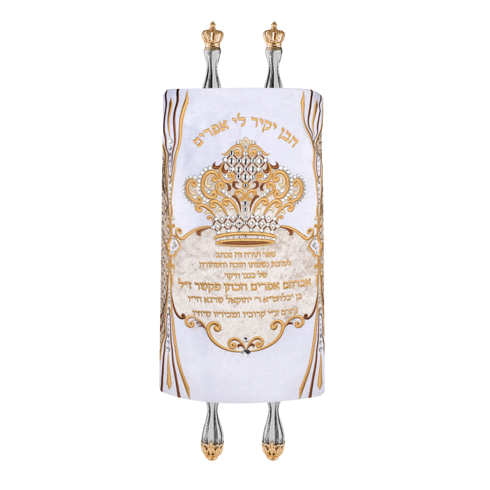Velvet Torah Mantle, style 1315, White and Gold — front view with Torah rollers