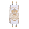 Velvet Torah Mantle, style 1315, White and Gold — front view with Torah rollers