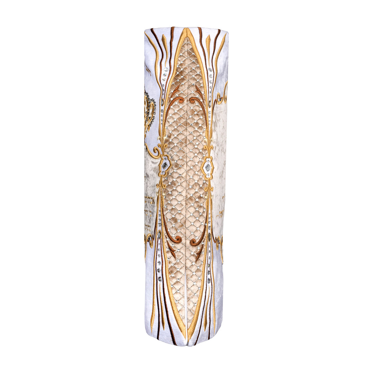 Velvet Torah Mantle, style 1315, White and Gold — side view