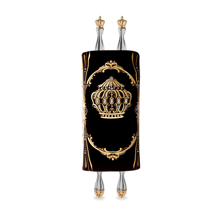Velvet Torah Mantle, style 1316, Black and Gold — front view with Torah rollers