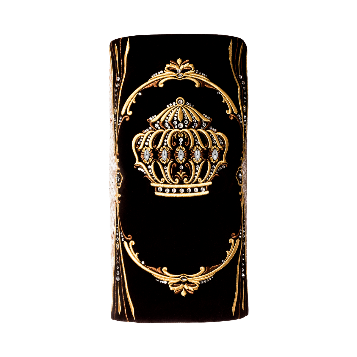 Velvet Torah Mantle, style 1316, Black and Gold — front view