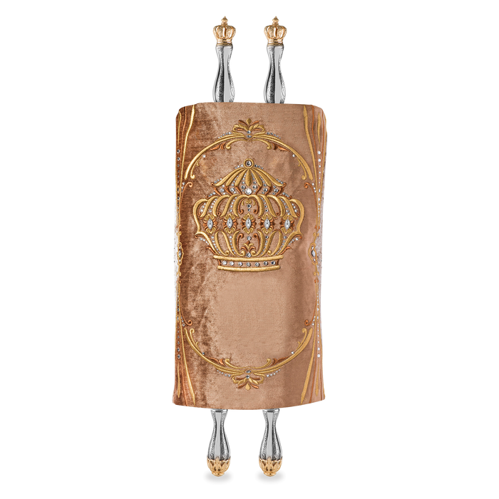 Velvet Torah Mantle, style 1316, Gold — front view with Torah rollers