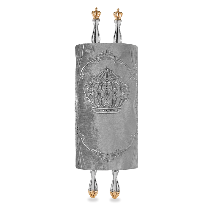 Velvet Torah Mantle, style 1316, Silver — front view with Torah rollers