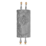Velvet Torah Mantle, style 1316, Silver — front view with Torah rollers