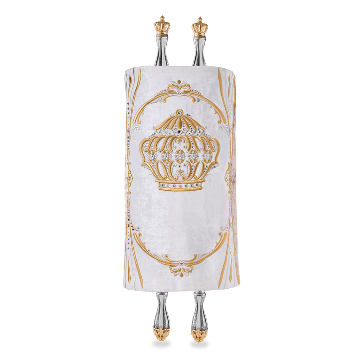 Velvet Torah Mantle, style 1316, White — front view with Torah rollers