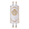 Velvet Torah Mantle, style 1316, White — front view with Torah rollers