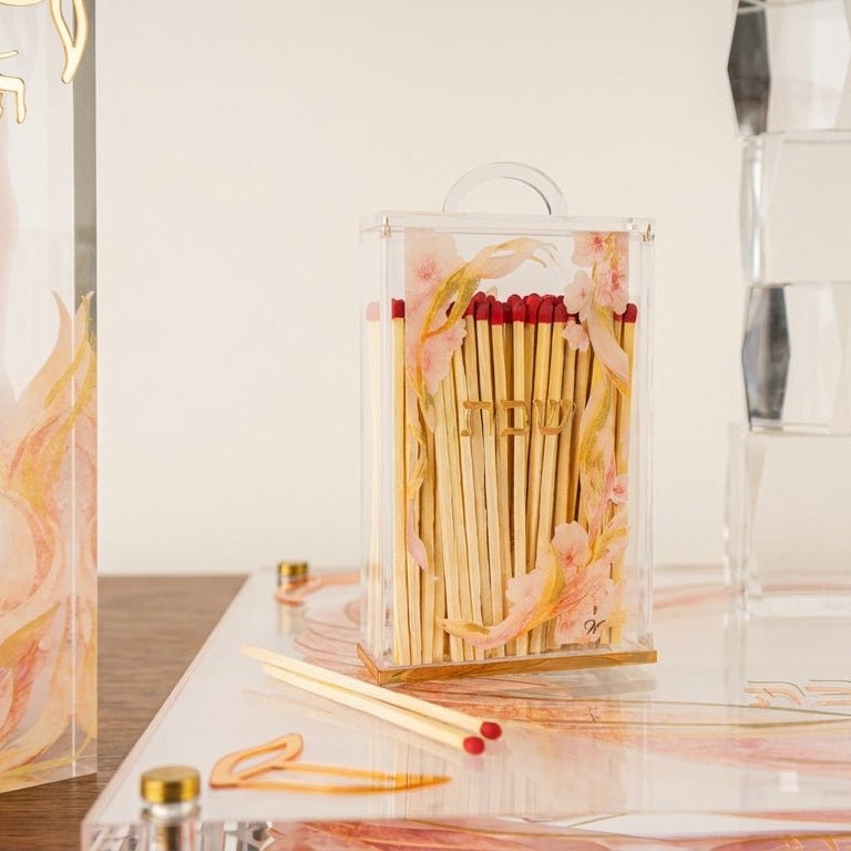 Watercolor Flowers lucite match box filled with matches on a coordinating tray
