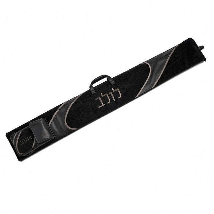 Waterdale Black looped-fur 52-inch lulav case with attached esrog bag, handle, and raised Hebrew labels