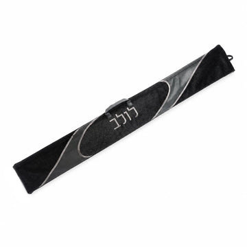Waterdale Black 52-inch looped-fur lulav case with grey trim, carry handle, end loop, and Hebrew label