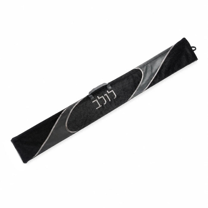 Waterdale Black 52-inch looped-fur lulav case with grey trim, carry handle, end loop, and Hebrew label