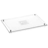Waterdale Classic 2.0 Silver challah board with clear Lucite layer, tempered glass top, metal standoffs, and Shabbos V Yom Tov design