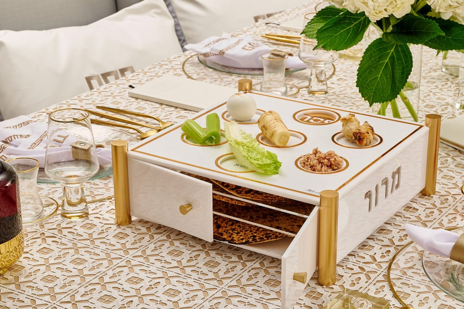 3 Level Kearah (Seder Plate) / Matzah Box — detail view | Judaica Square Lakewood