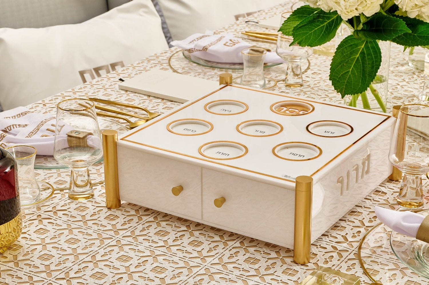 3 Level Kearah (Seder Plate) / Matzah Box — lifestyle shot | Judaica Square Lakewood