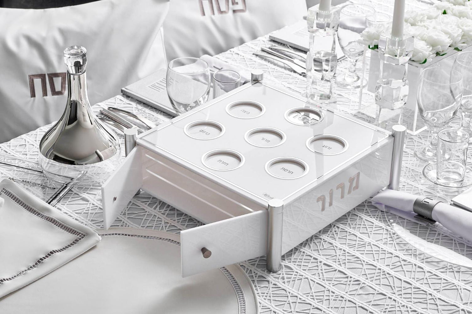 3 Level Kearah (Seder Plate) / Matzah Box — styled in-room | Judaica Square Lakewood
