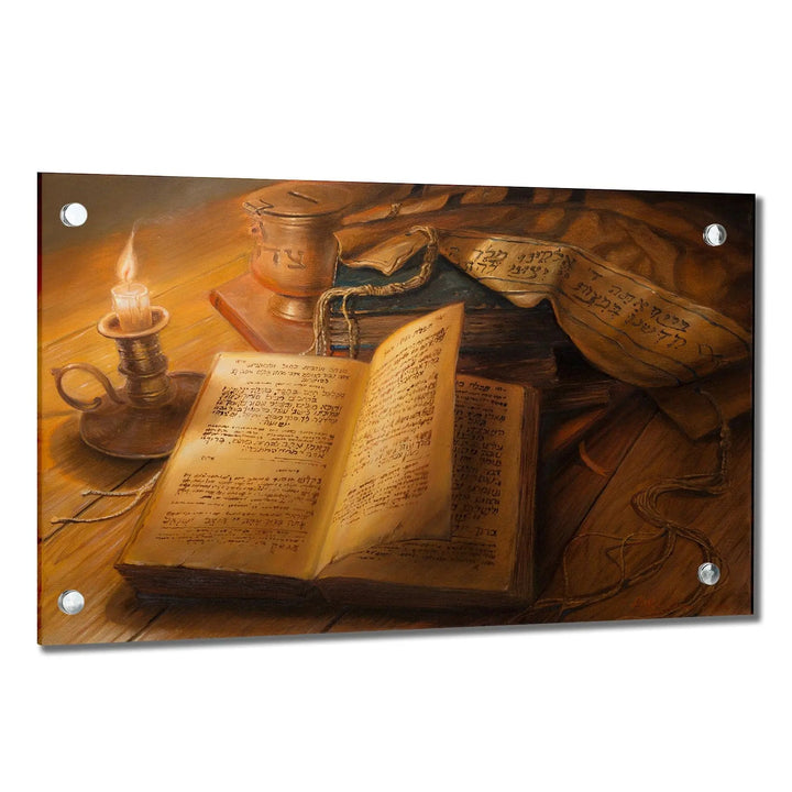 Alex Levin After Prayer on Lucite, an open sefer, lit candle and velvet bag on a wooden table