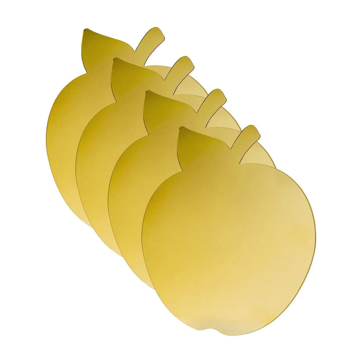 Four Waterdale apple-shaped mirrored Lucite chargers in gold