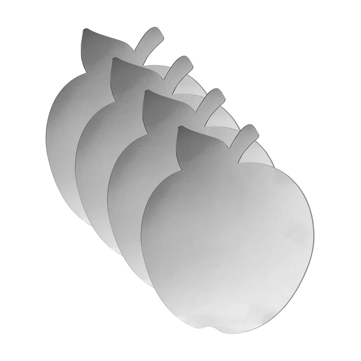 Four Waterdale apple-shaped mirrored Lucite chargers in silver