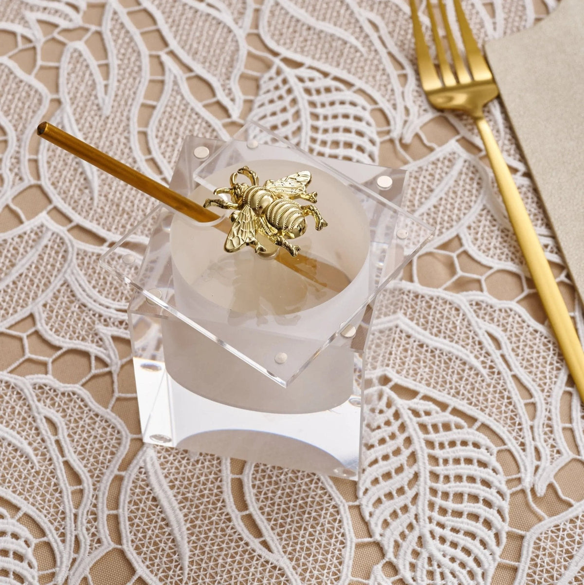 Bee Honey Dish — deep Lucite bowl with pre-cut spoon opening