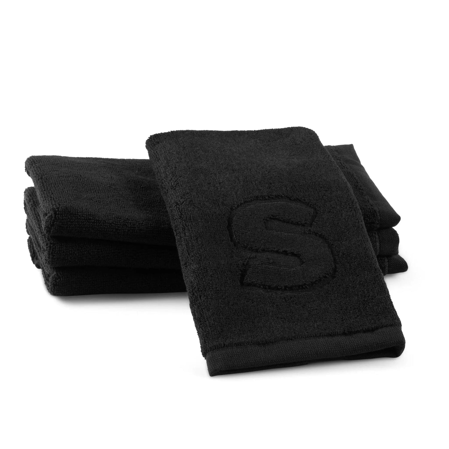 Black Initial Embossed Finger Towel — styled in-room | Judaica Square Lakewood