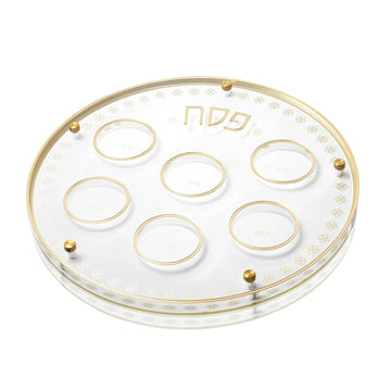 Inspired Seder Plate from the set, shown empty in a round acrylic design with gold trim