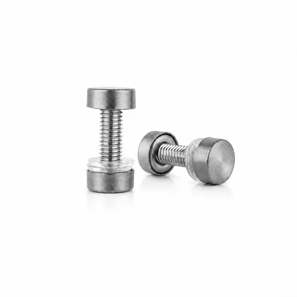 Silver-finish challah board screws showing the threaded post and the caps that sandwich the board