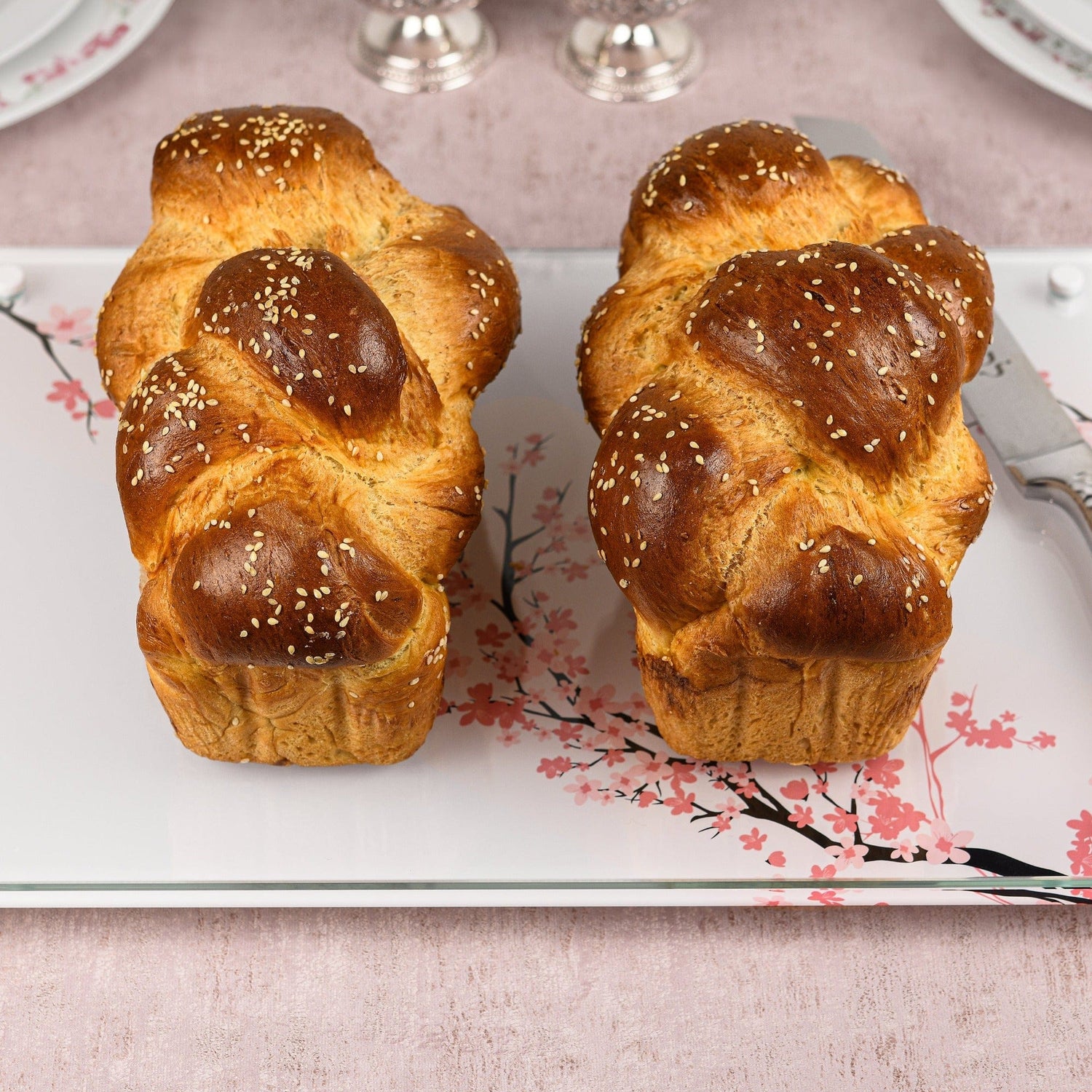 Cherry Blossom Challah Board — styled in-room | Judaica Square Lakewood