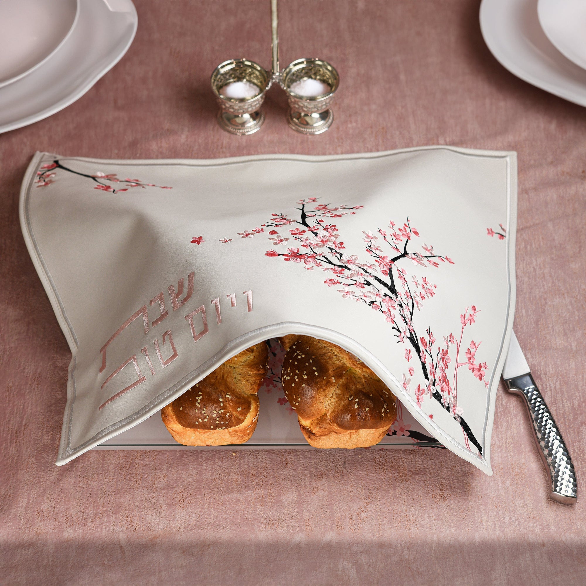 Cherry Blossom Challah Cover — styled in-room | Judaica Square Lakewood