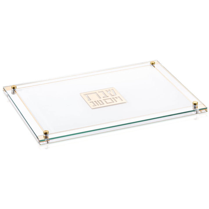 Classic 2.0 Challah Board, clear Lucite with a die-cut mirrored gold border, angled view