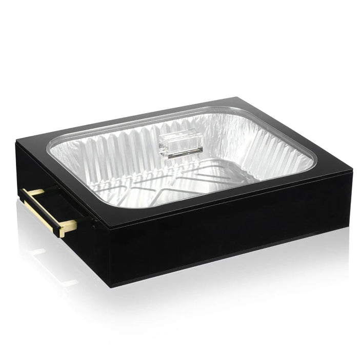 Black lucite 9x13 pan holder with gold handle, foil pan inset and clear lidded rim cover on top