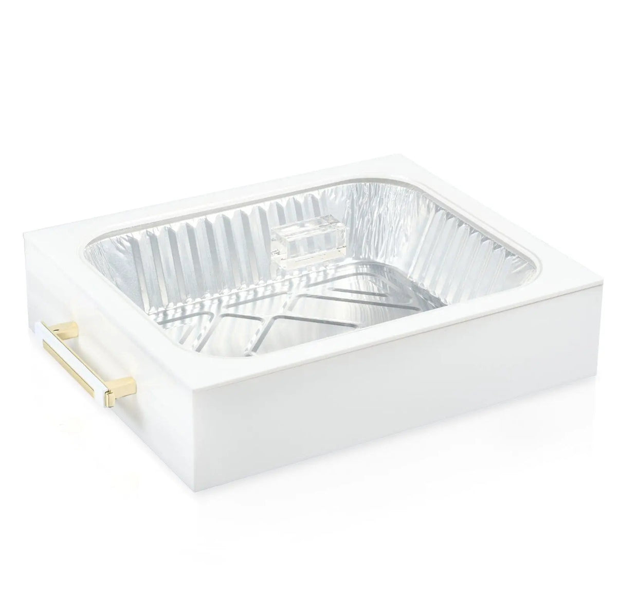 White lucite 9x13 pan holder with gold handles, foil pan inside and the rim cover in place