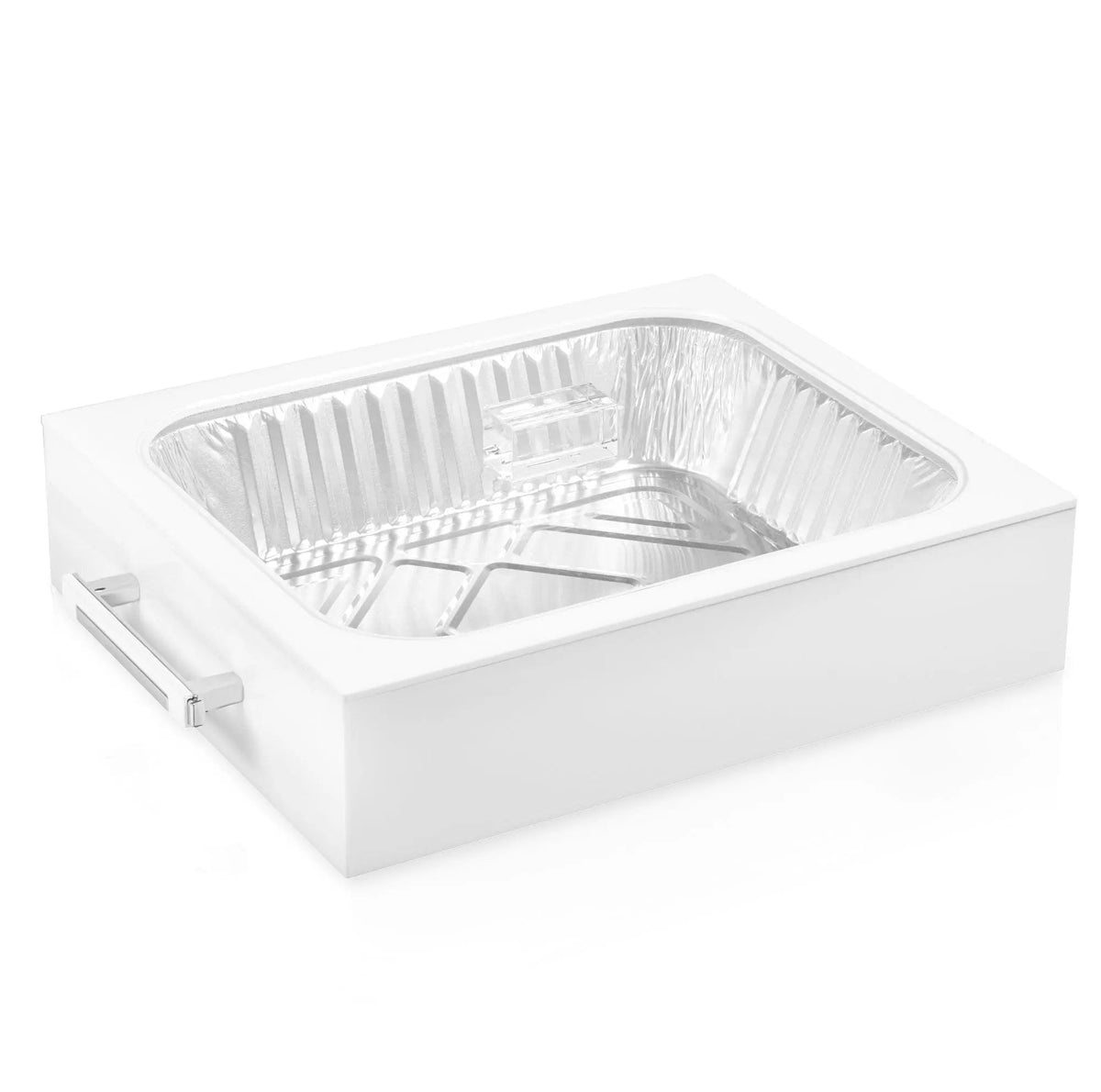 White lucite 9x13 pan holder with silver handles and a foil pan seated inside