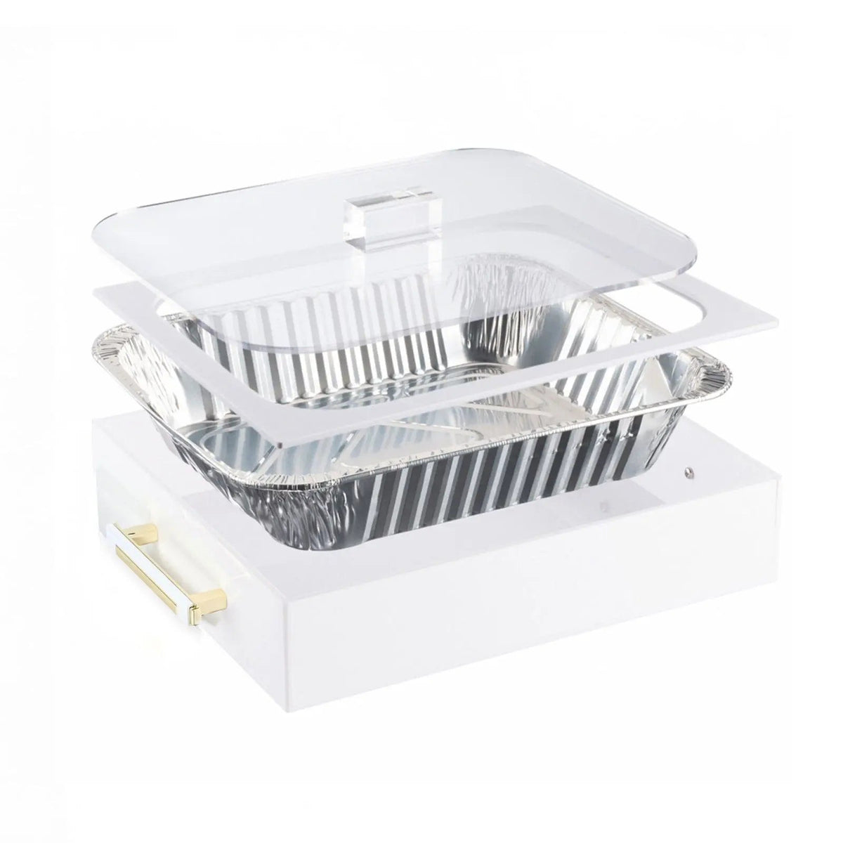 Exploded view of the white pan holder: clear lid, rim cover layer, foil pan and lucite base with gold handle