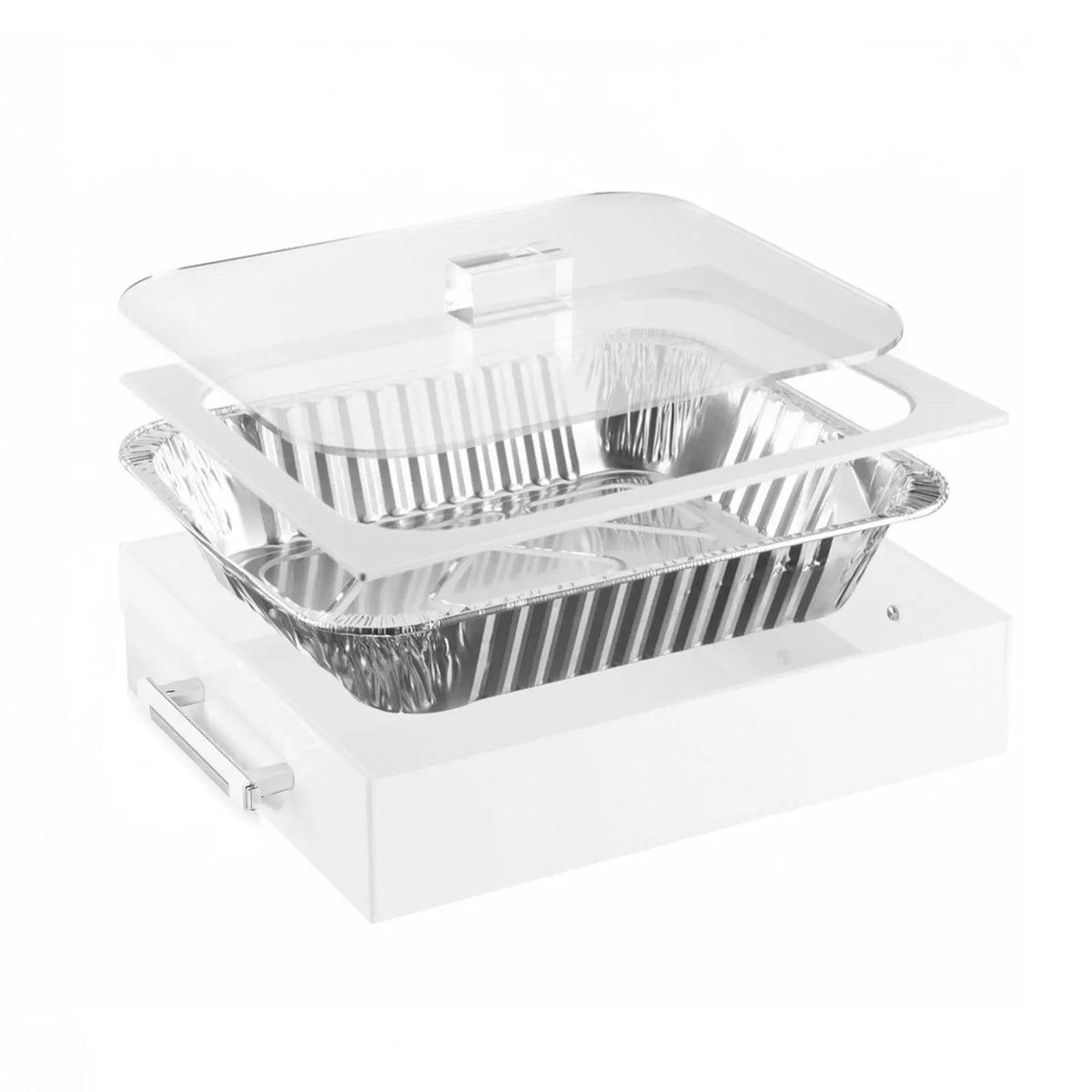 Exploded view of the white pan holder with silver handle, showing the lid, rim cover and foil pan layers