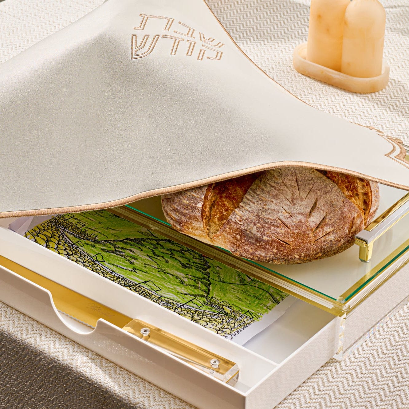 Classic Challah Board with Drawer — detail view | Judaica Square Lakewood