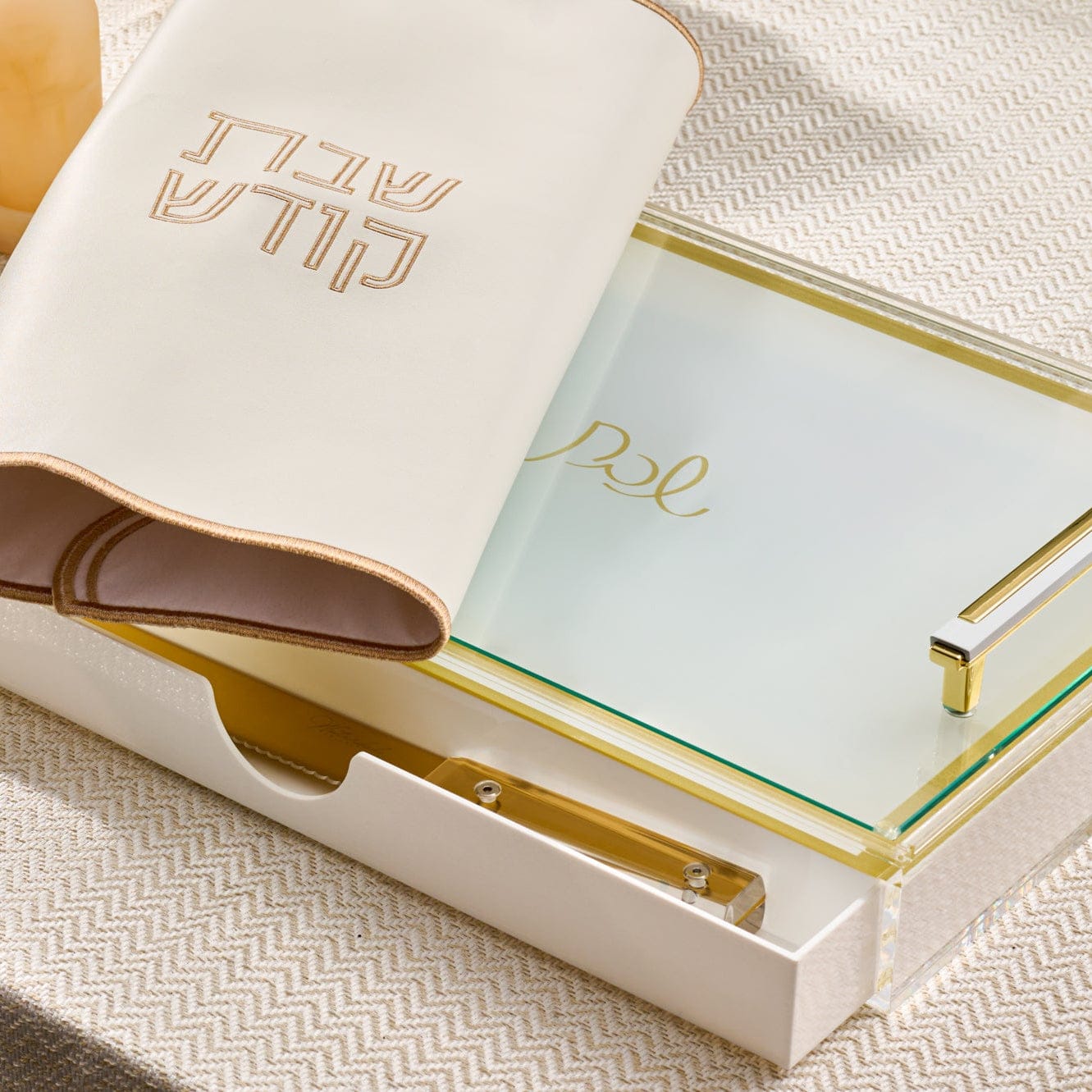 Classic Challah Board with Drawer — styled in-room | Judaica Square Lakewood