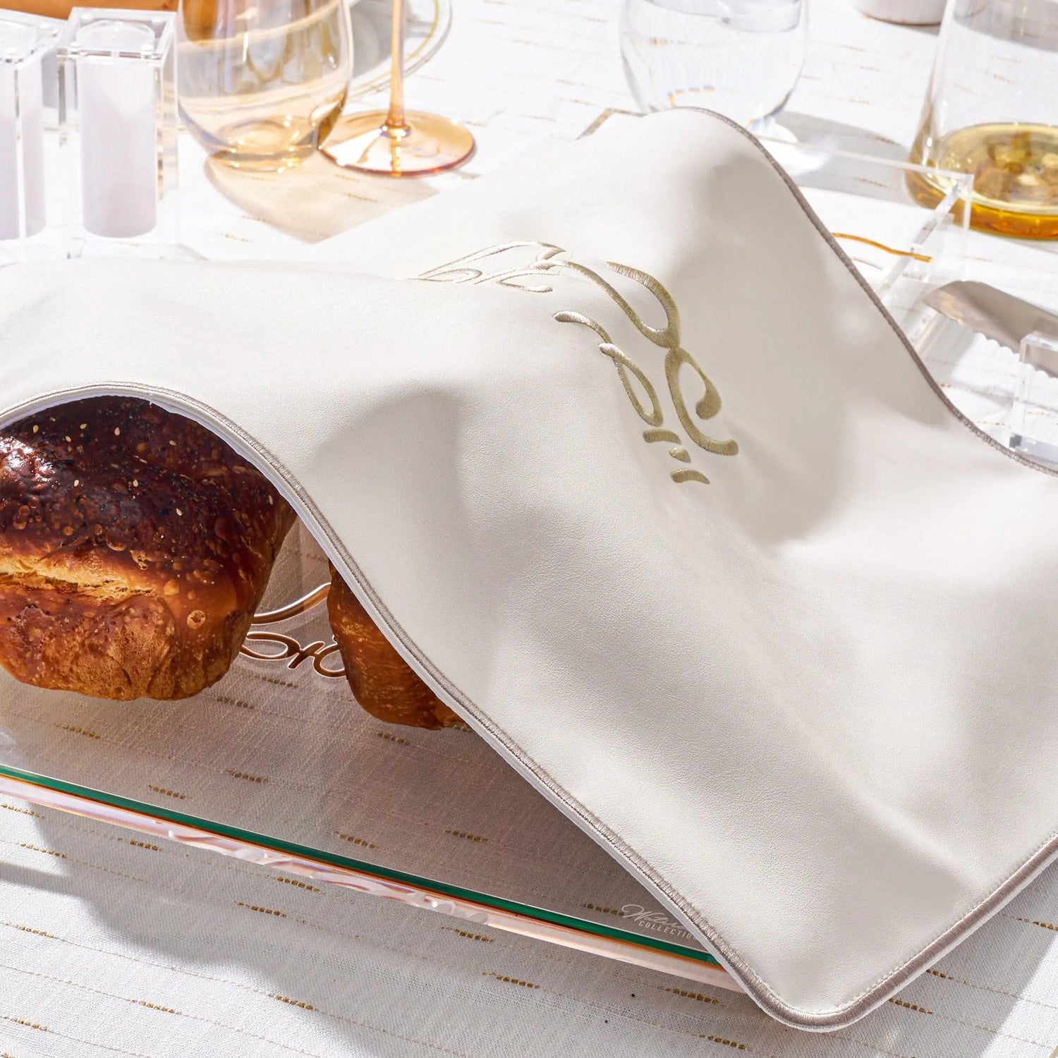 Silver Classic Challah Cover — Shabbos Linens by Waterdale Collection — View 2 Cotton Challah Cover | Judaica Square Lakewood