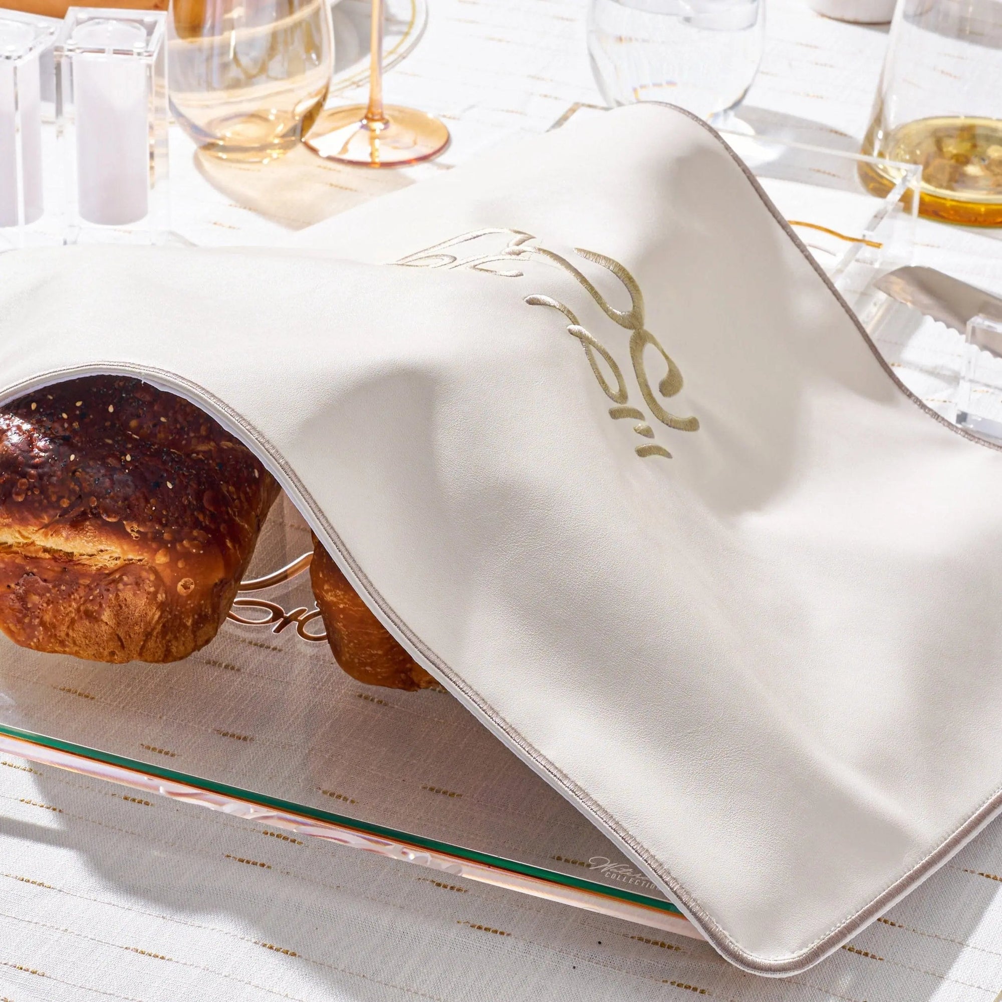 Silver Classic Challah Cover — Shabbos Linens by Waterdale Collection — View 2 Cotton Challah Cover | Judaica Square Lakewood