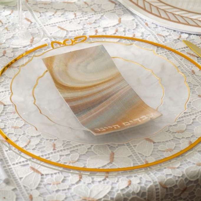 Classic Pesach Chargers — styled in-room | Judaica Square Lakewood