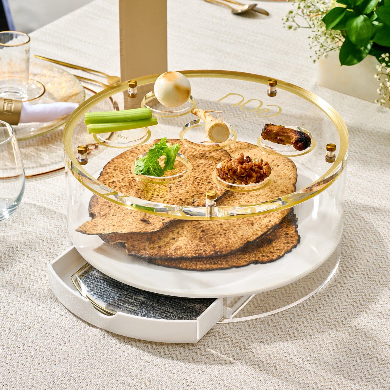 Classic Script Seder Plate & Matzah Box Set — lifestyle shot | Judaica Square Lakewood
