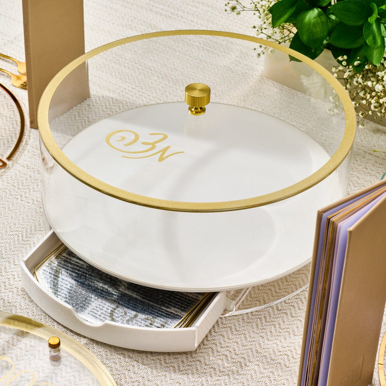 Classic Script Seder Plate & Matzah Box Set — detail view | Judaica Square Lakewood