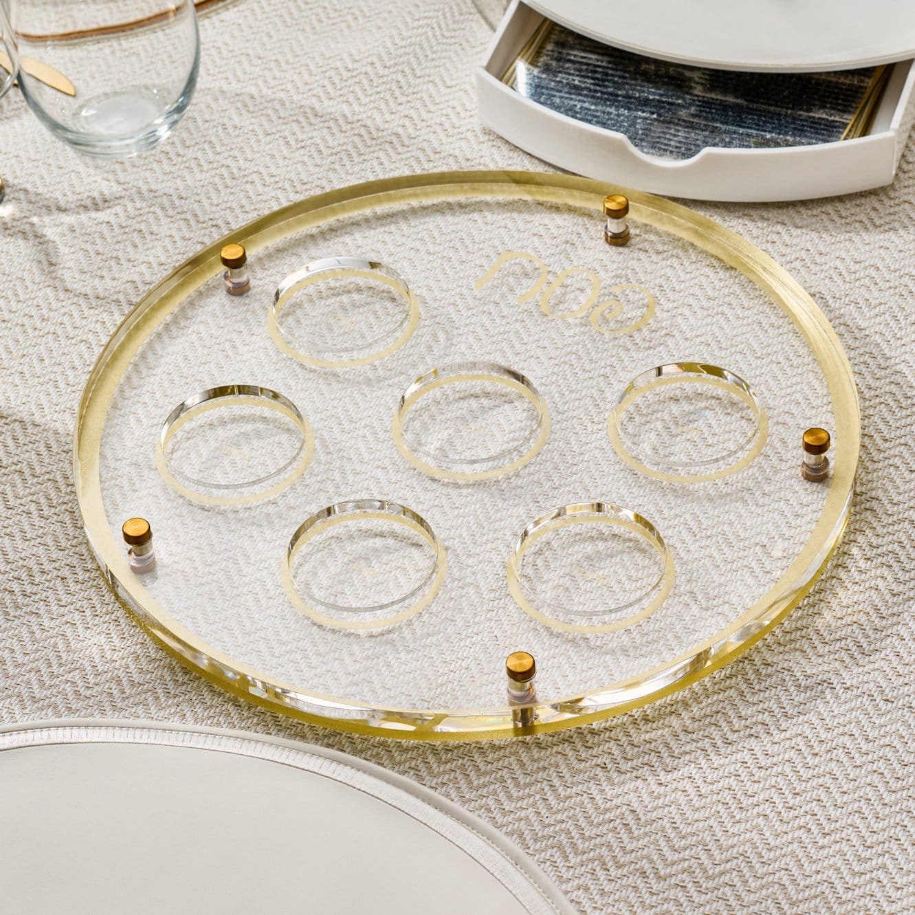 Classic Script Seder Plate — styled in-room | Judaica Square Lakewood