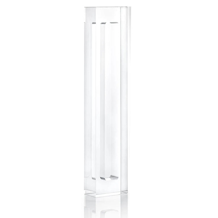 Tall clear lucite mezuzah case, empty, standing on a white background