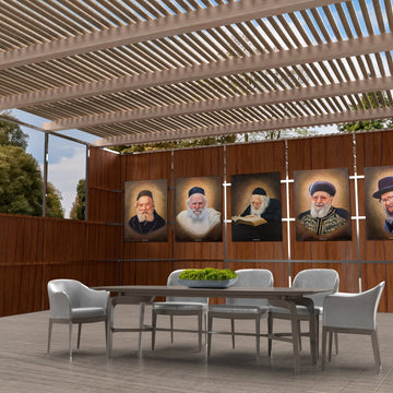 Waterdale Dark Gedolim vinyl portraits displayed on a sukkah wall