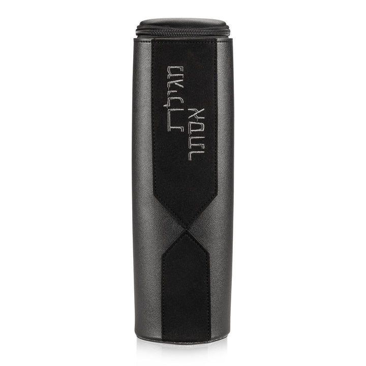 Diamond Leather Megillah Case in black, showing the faceted diamond-cut cap and embossed Hebrew lettering