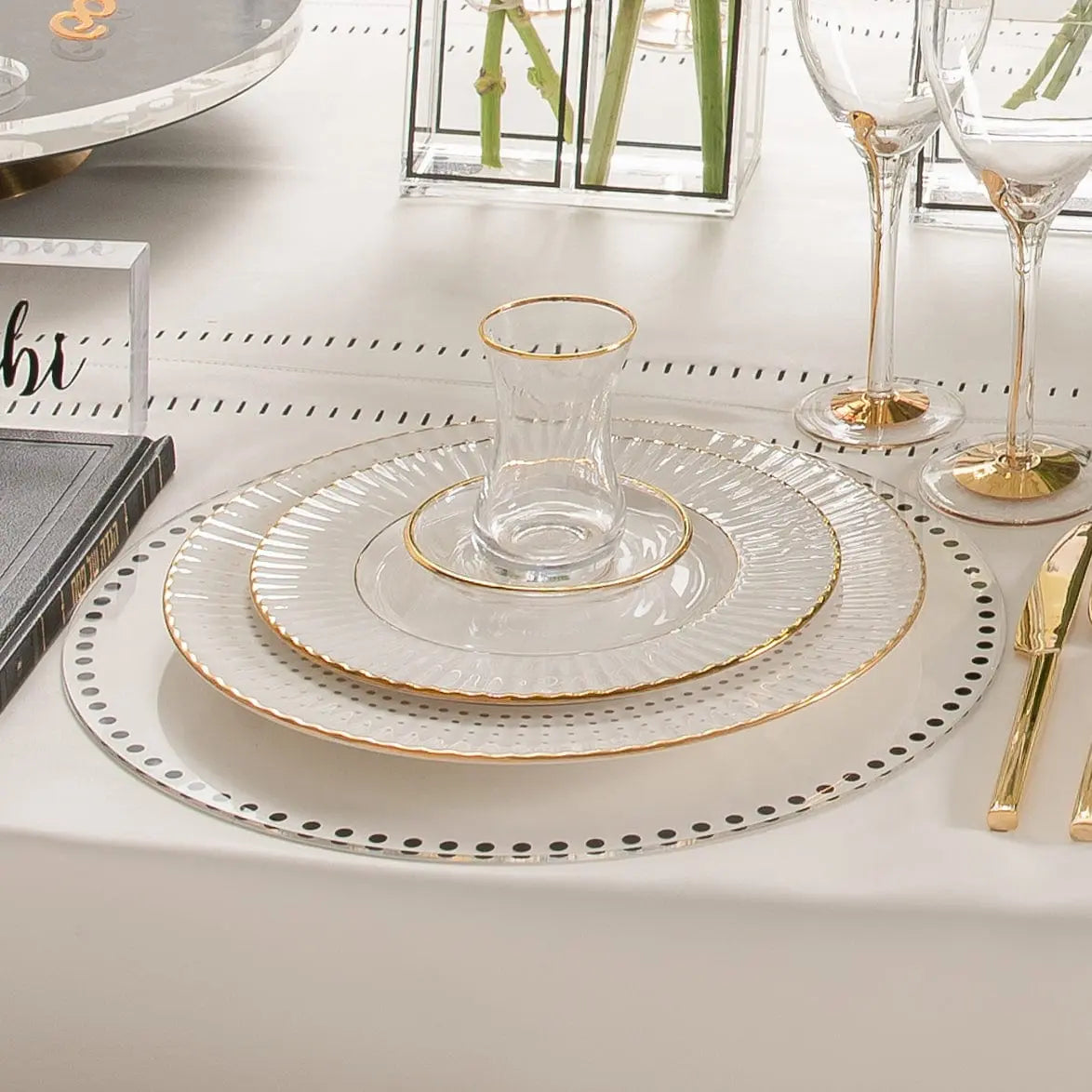 Dot Border Chargers — lifestyle shot | Judaica Square Lakewood